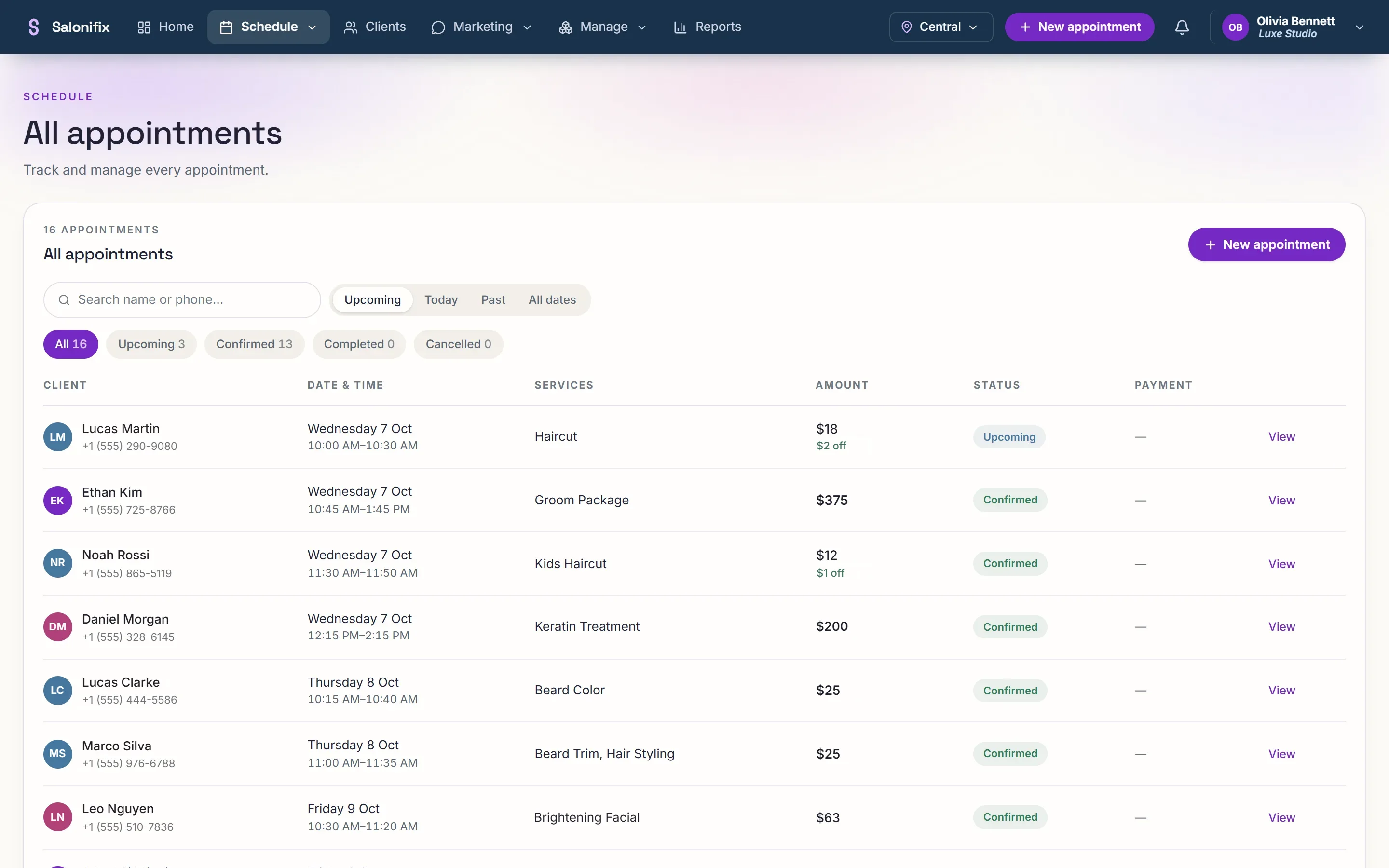 The list of all bookings with their status.
