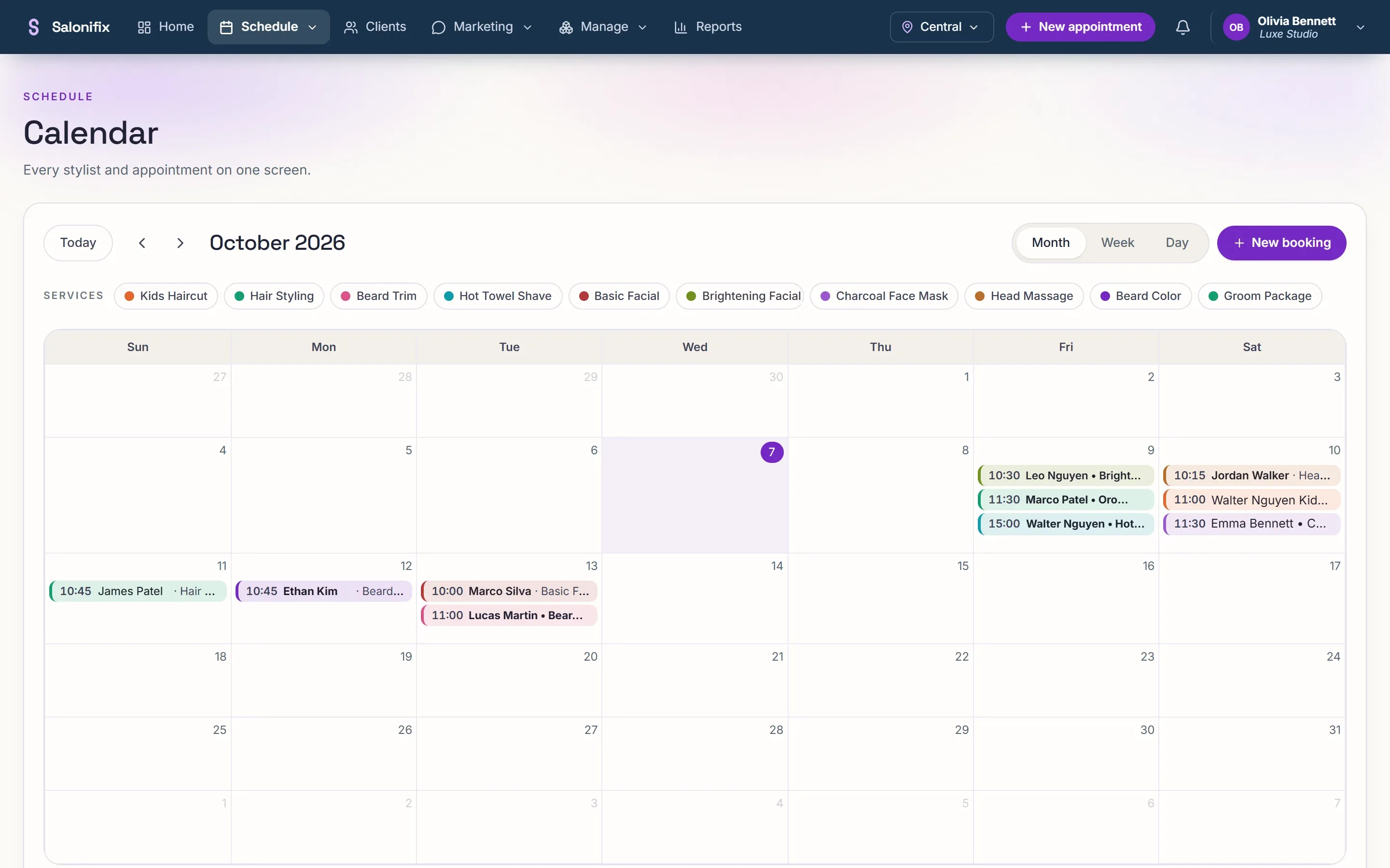 The Salonifix calendar showing appointments across the day.