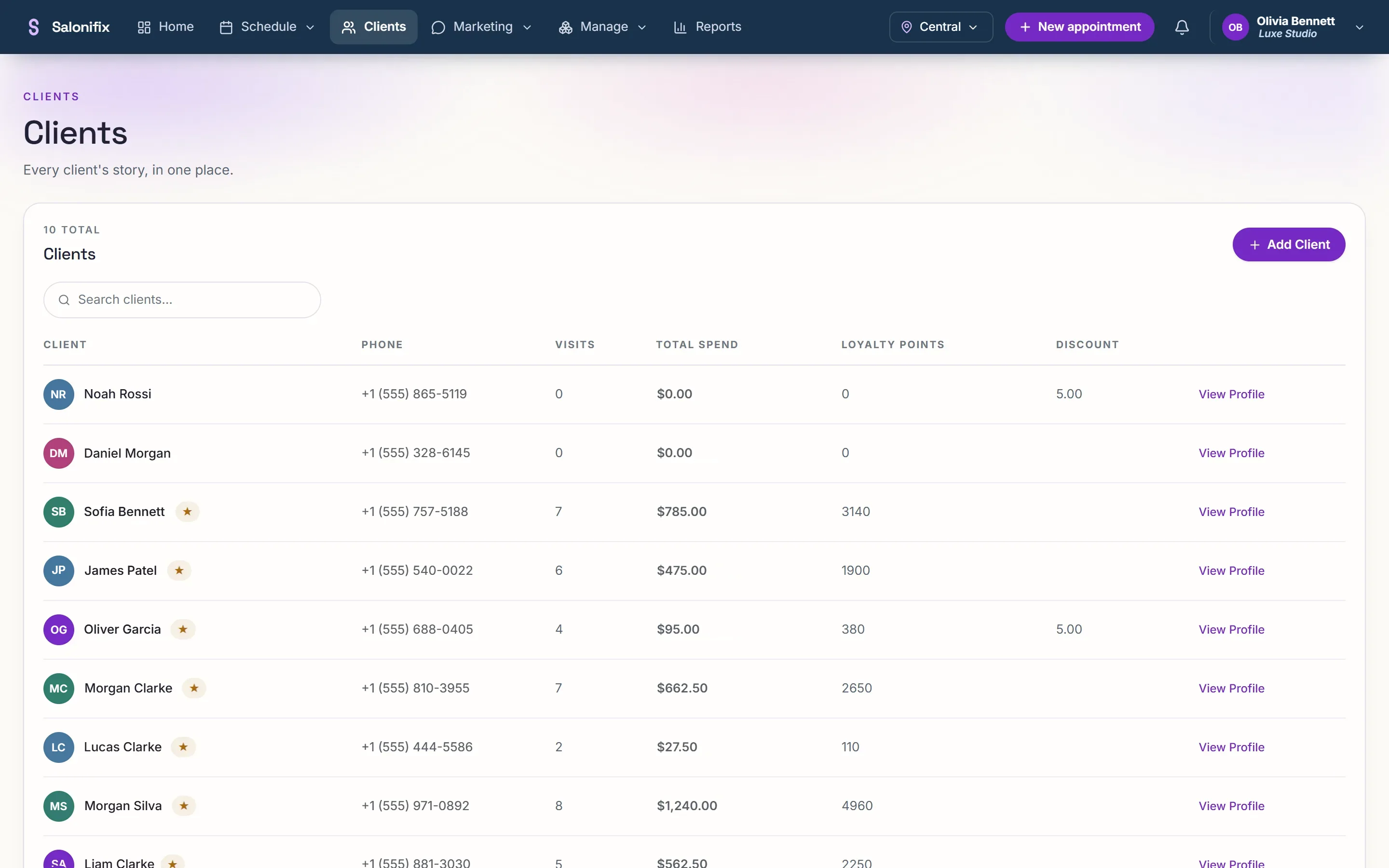 The client list with contact details and visit history.