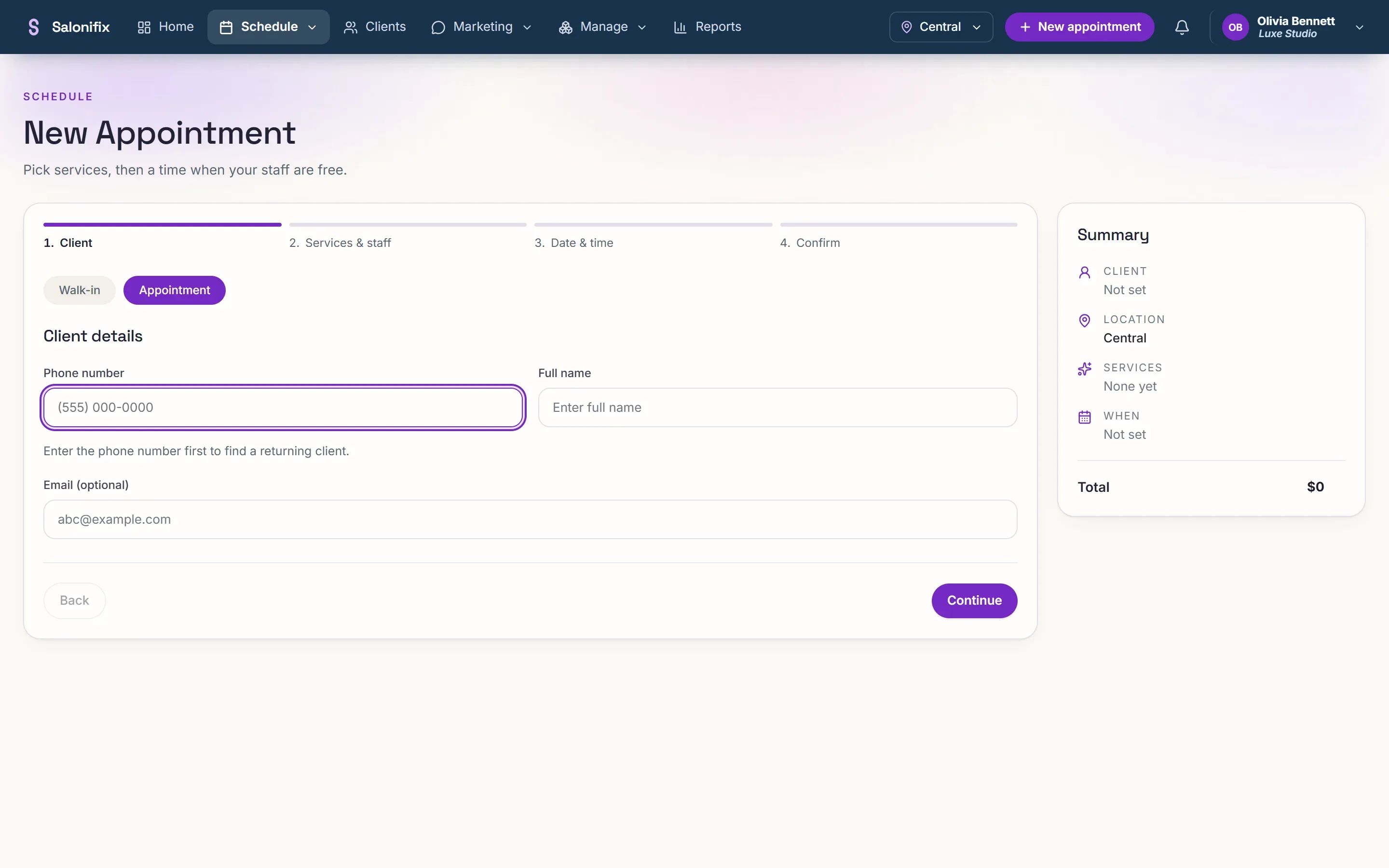 The new booking form for choosing a client, service, staff member, and time.